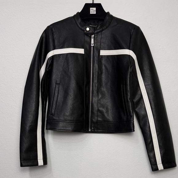 True Religion Jackets & Blazers - True Religion Black Cropped Biker Jacket with White Stripes Size S